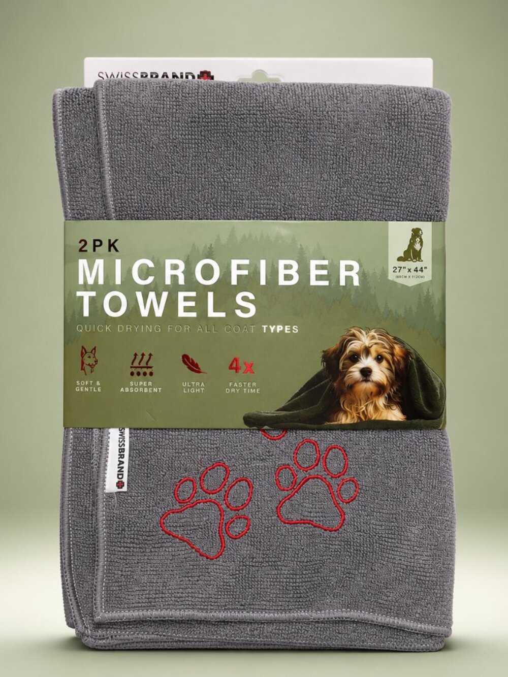 Swissbrand 2PK Microfiber Dog Towels Gray Green Quick Dry Pet Towels 27x44